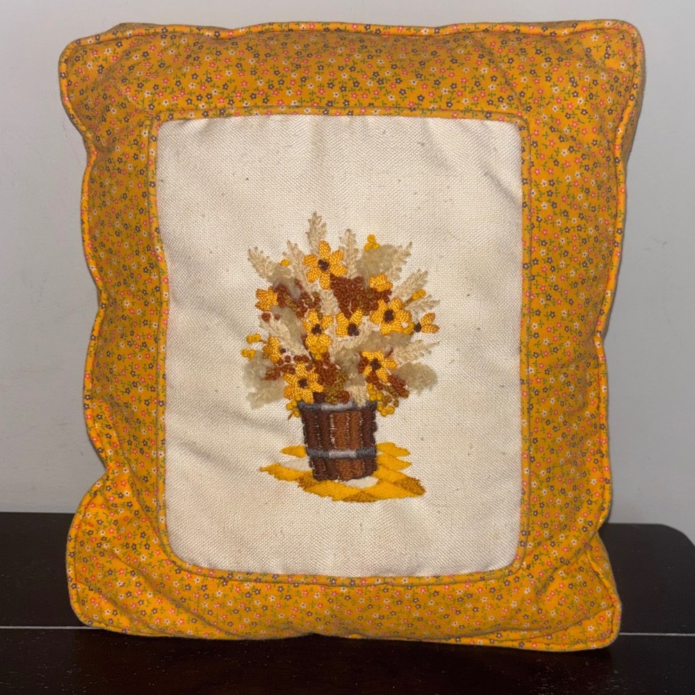 Vintage | Handmade | Crewel Embroidery Floral Throw Pillow Yellow Calico 13x13